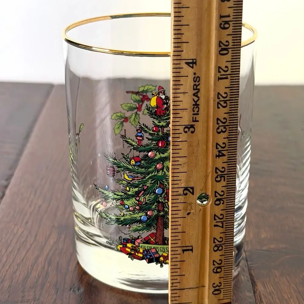 Spode Christmas Tree Set of 4 Double Old Fashioned Glasses with Gold Rim